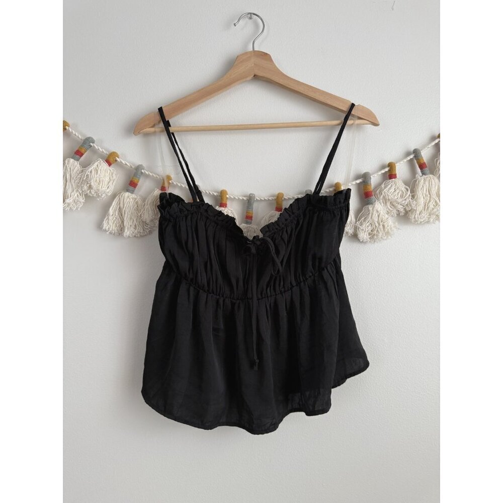 American Eagle Black Peplum Satin Silky Tie Crop Cami Top Coquette Whimsical M